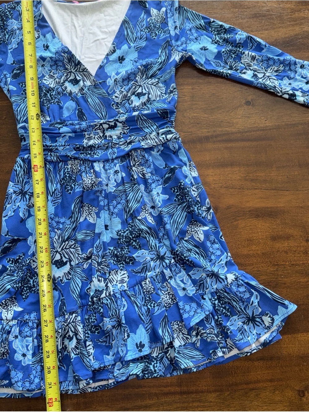 Lilly Pulitzer Blue Floral Empire Waist L/S Dress w/ Short Under Ruffle Hem XS - Picture 10 of 13